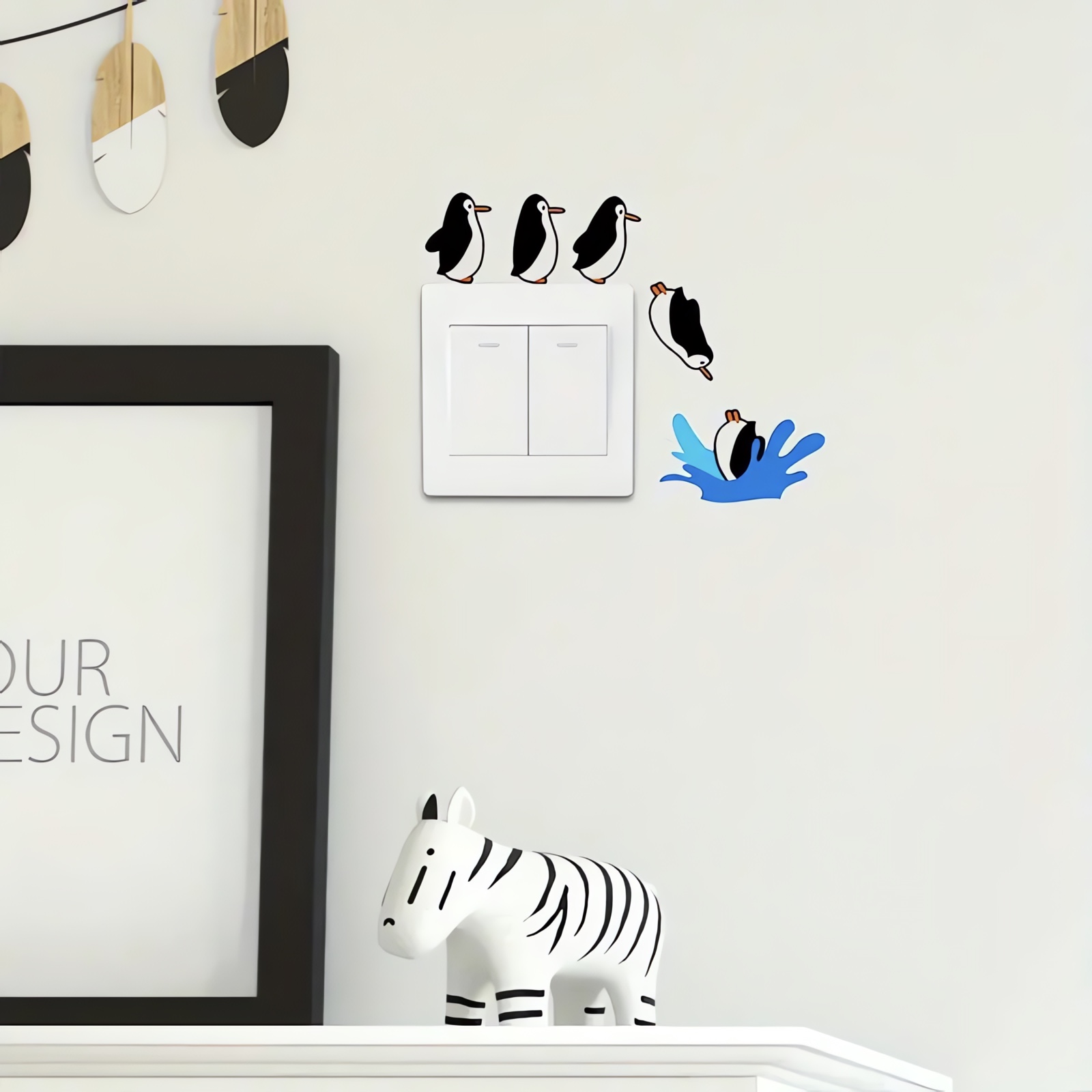 CajuArt 5 Parça Suya Dalan Penguenler Ahşap Priz Anahtar Sticker Modern Dekor Süs