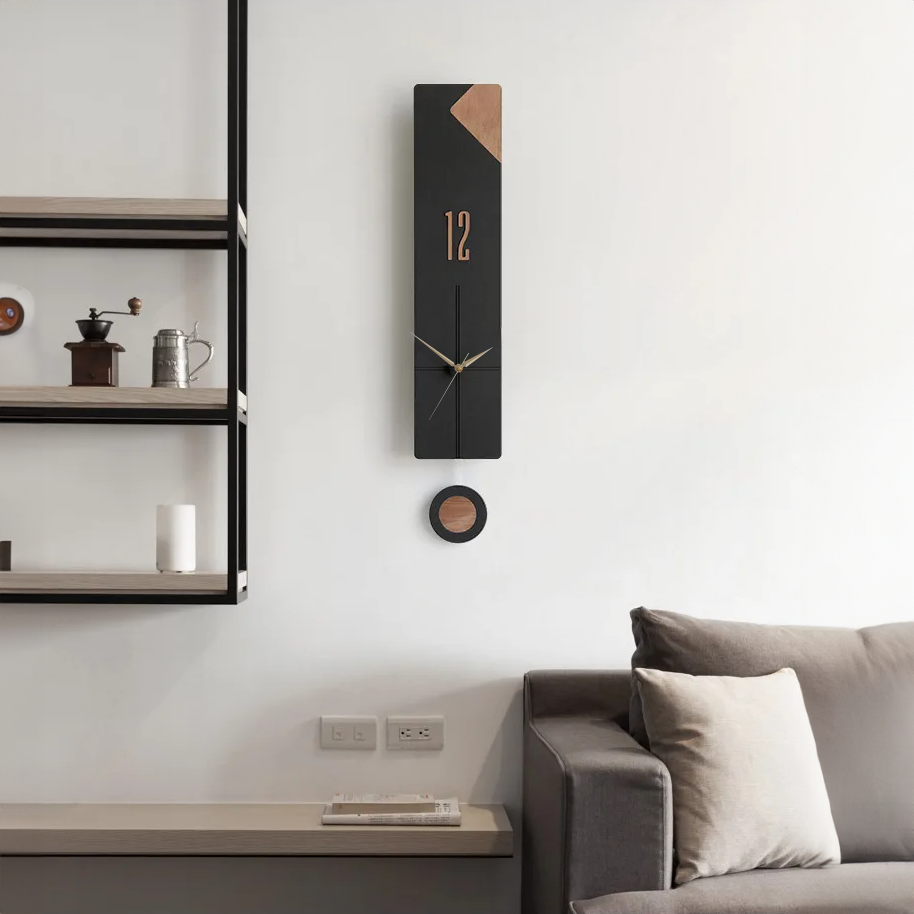 CajuArt Modern Uzun Ahşap Düz Çizgili Sarkaçlı Dekoratif Duvar Saati