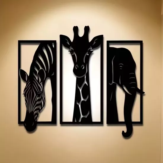 Üçlü Hayvan Zebra Zürafa Fil Ahşap Duvar Tablo 