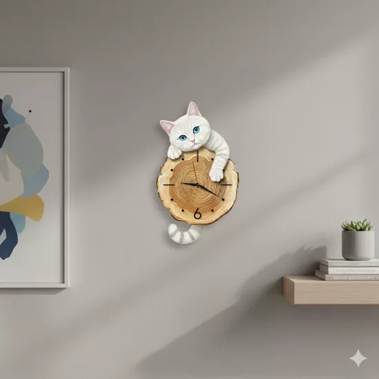 Kütük Üzerinden Bakan Kedi Tasarımlı Duvar Saati
