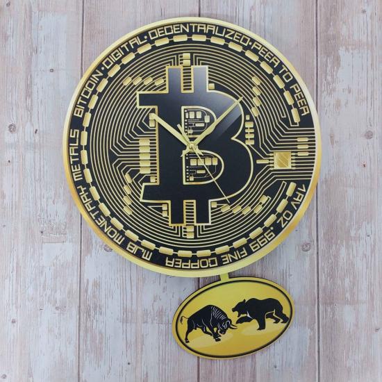 Bitcoin Temalı Sallanan Sarkaçlı Ahşap Duvar Saati Hediye