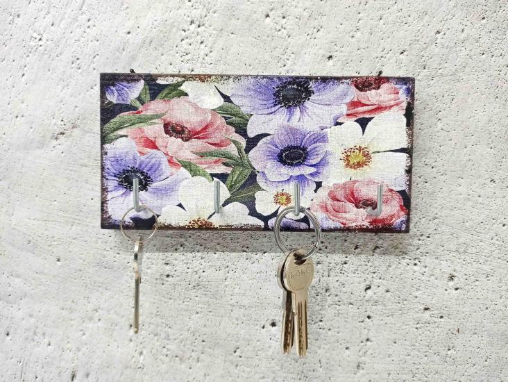 CajuArt Dekoratif Ahşap Anahtarlık Askılık Renkli Çiçekler Eskitme