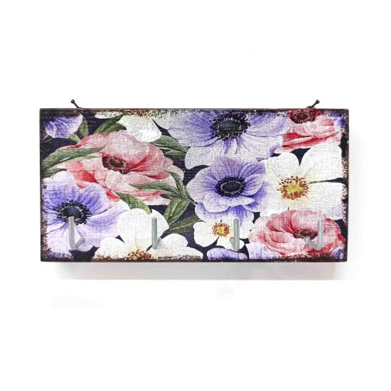 CajuArt Dekoratif Ahşap Anahtarlık Askılık Renkli Çiçekler Eskitme