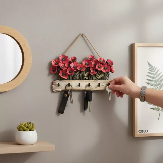 Kırmızı Gelincik Çiçek Motifli Katmanlı Askılık 