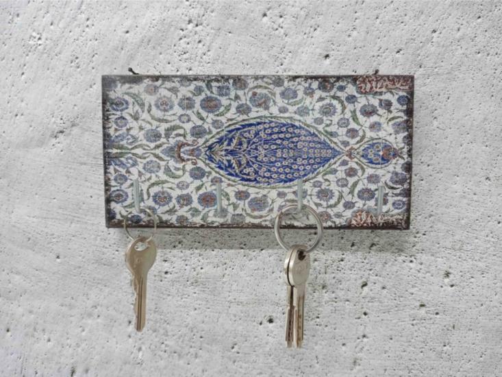 Dekoratif Ahşap Anahtarlık Askılık Çini Mavi Desen