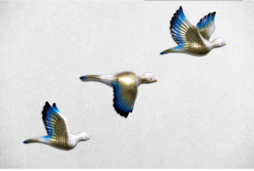 Dekoratif Altın Mavi Renk Üçlü Kumru Kuş Duvar Dekoru Süs