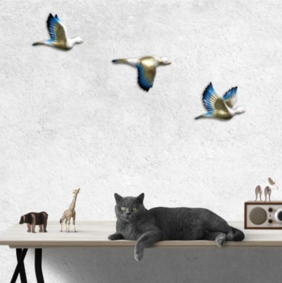 Dekoratif Altın Mavi Renk Üçlü Kumru Kuş Duvar Dekoru Süs