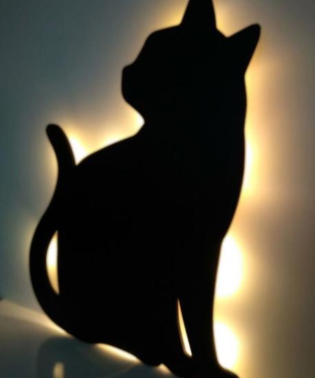 Dekoratif Büyük Boy Led Işıklı Oturan Kedi Ahşap Tablo