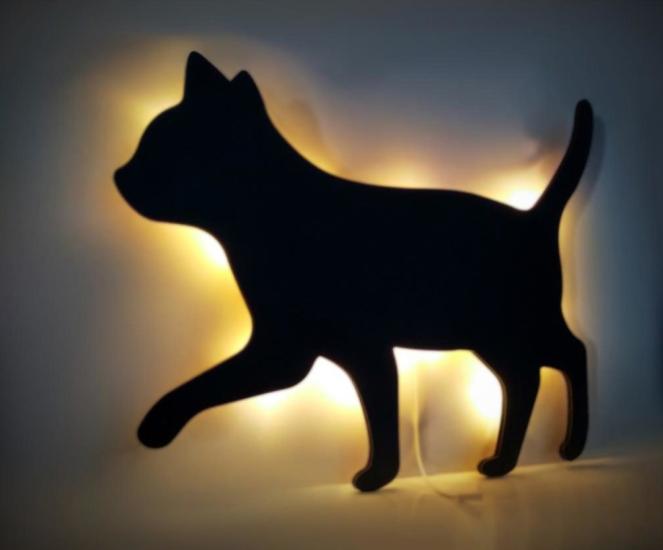 Dekoratif Büyük Boy Led Işıklı Yürüyen Kedi Ahşap Tablo