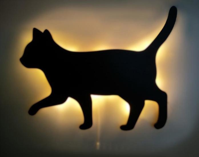 Dekoratif Büyük Boy Led Işıklı Yürüyen Kedi Ahşap Tablo