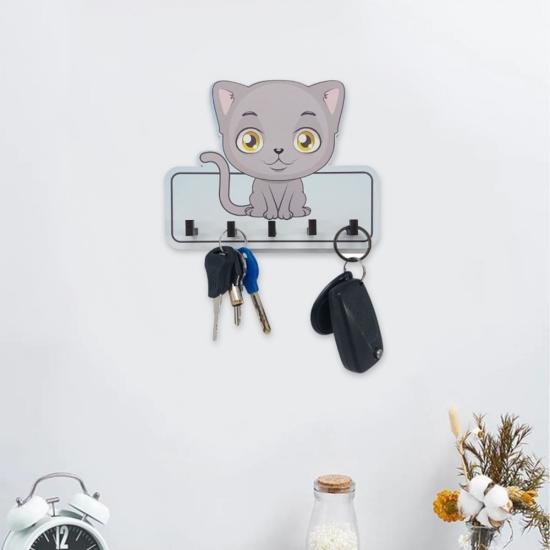Dekoratif Gri Sevimli Kedi Ahşap Anahtarlık Hol Askılık