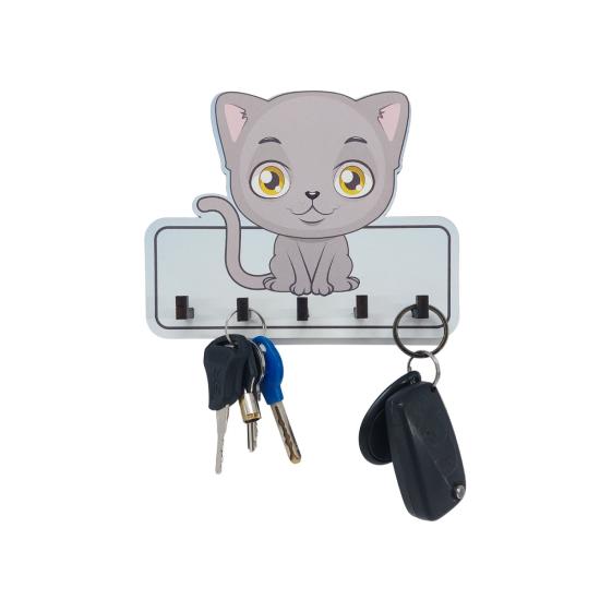 Dekoratif Gri Sevimli Kedi Ahşap Anahtarlık Hol Askılık