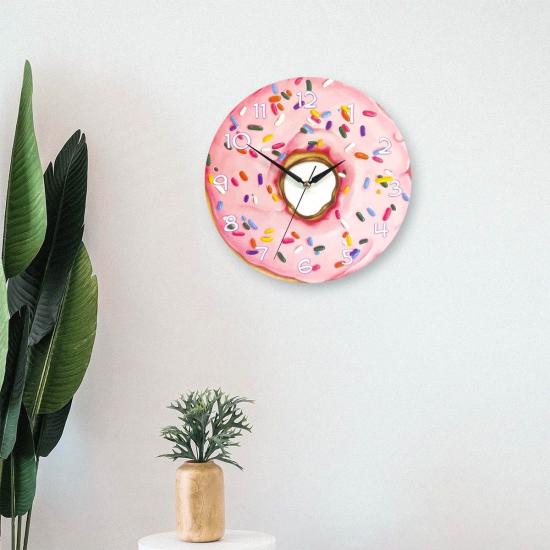 Dekoratif Pembe Donut Yuvarlak Ahşap Duvar Saati