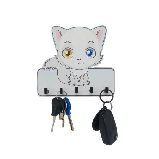 Dekoratif Sevimli Beyaz Kedi Ahşap Anahtarlık Hol Askı