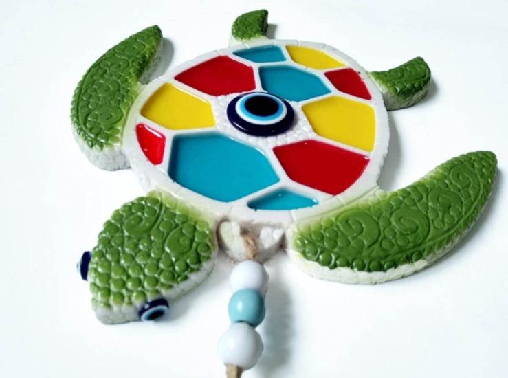 Dekoratif Üçlü Deniz Kaplumbağası Yeşil Nazar Boncuklu Duvar Süs