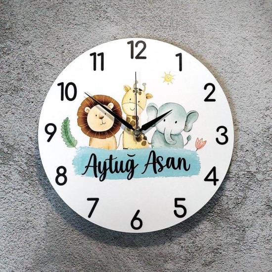 Sevimli Hayvan Figürlü İsme Özel Çocuk Odası Saati