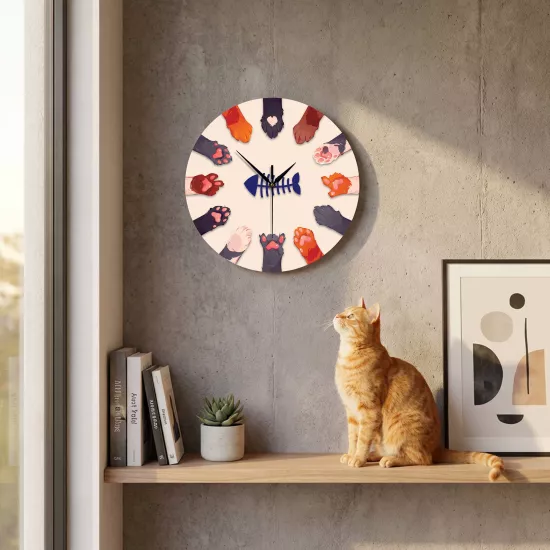 Sevimli Kedi Patileri 30 cm Ahşap Duvar Saati