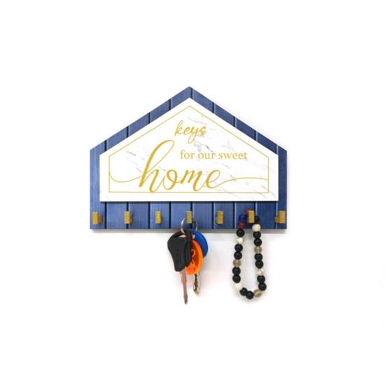 Mavi Beyaz Sarı Dekoratif Üçgen Ahşap Desenli Keys For Home Anahtarlık