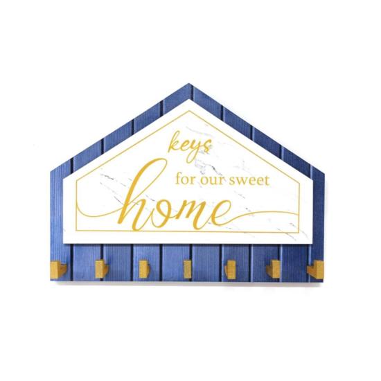 Mavi Beyaz Sarı Dekoratif Üçgen Ahşap Desenli Keys For Home Anahtarlık