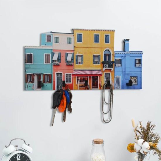 Renkli Ev Desenli Ahşap Anahtarlık Hol Antre Anahtar Askı