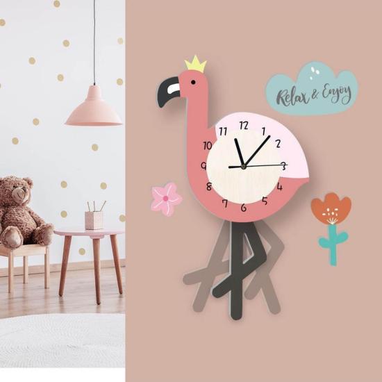 Sallanan Sarkaçlı Flamingo Desenli Çocuk Odası Duvar Saati