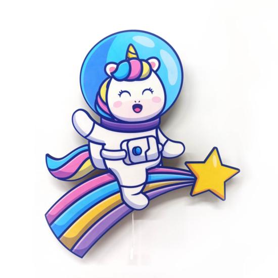 Unicorn Astronot Ahşap Işıklı Çocuk Odası Duvar Tablosu