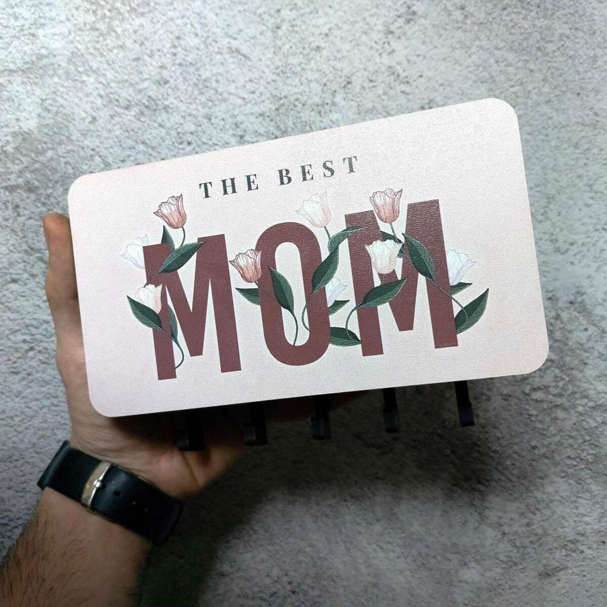 The Best Mom Anne Çiçek Resimli Bölmeli Anahtarlık Askılık Duvar Dekoru