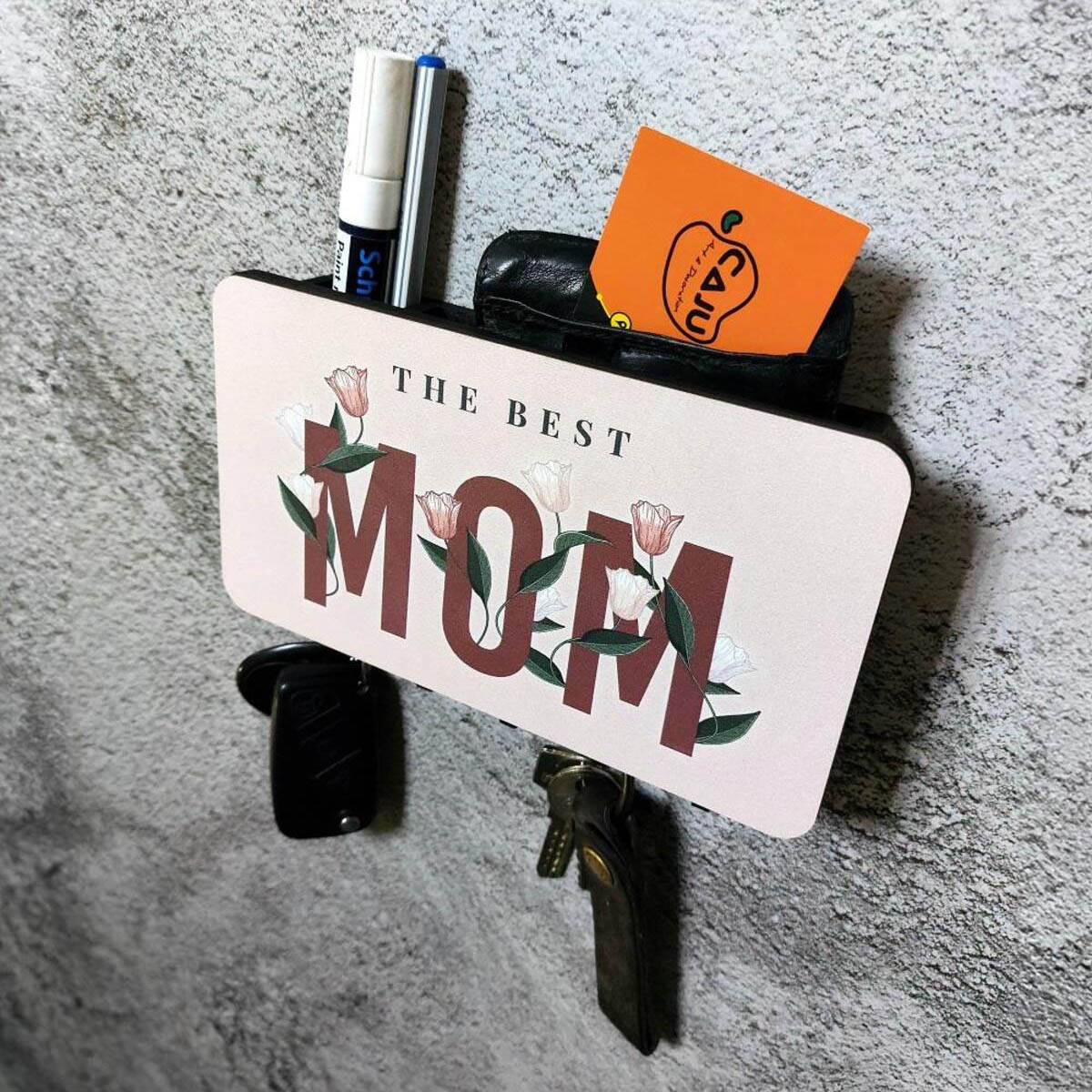 The Best Mom Anne Çiçek Resimli Bölmeli Anahtarlık Askılık Duvar Dekoru