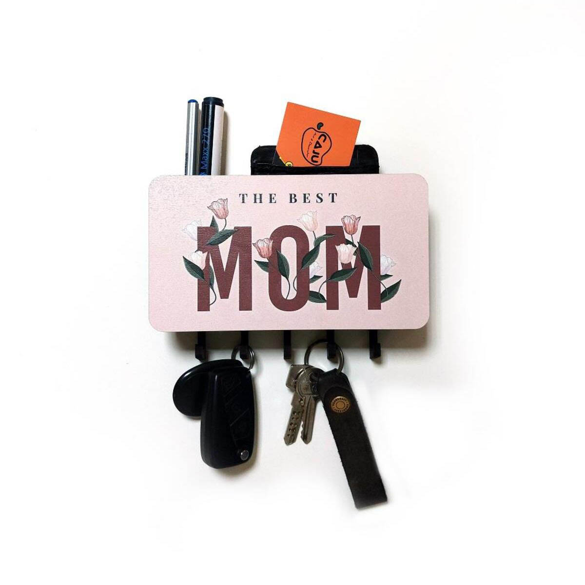 The Best Mom Anne Çiçek Resimli Bölmeli Anahtarlık Askılık Duvar Dekoru