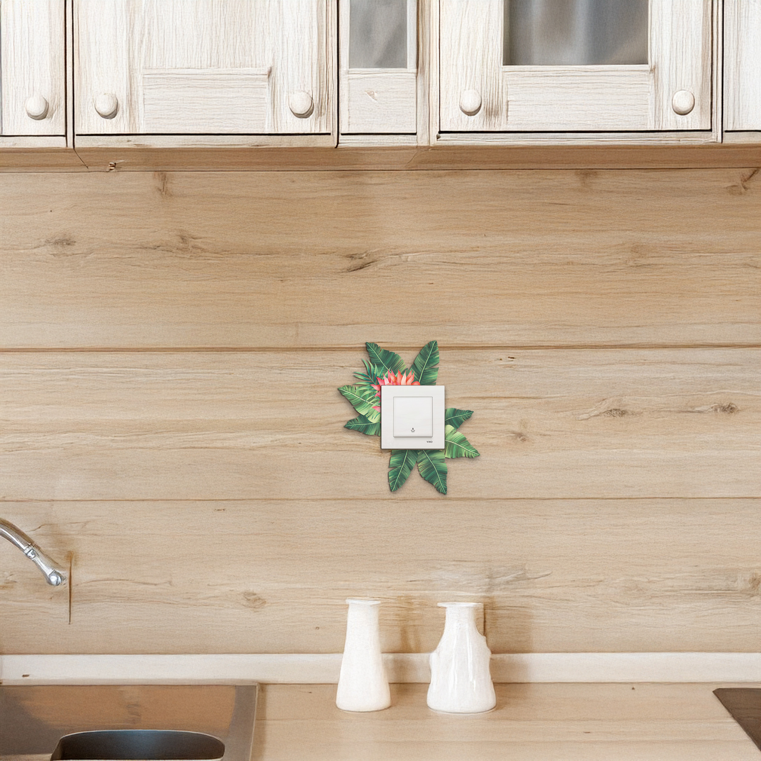 CajuArt Dekoratif Yeşil Çiçek Desenli Ahşap Priz Anahtar Sticker Dekor